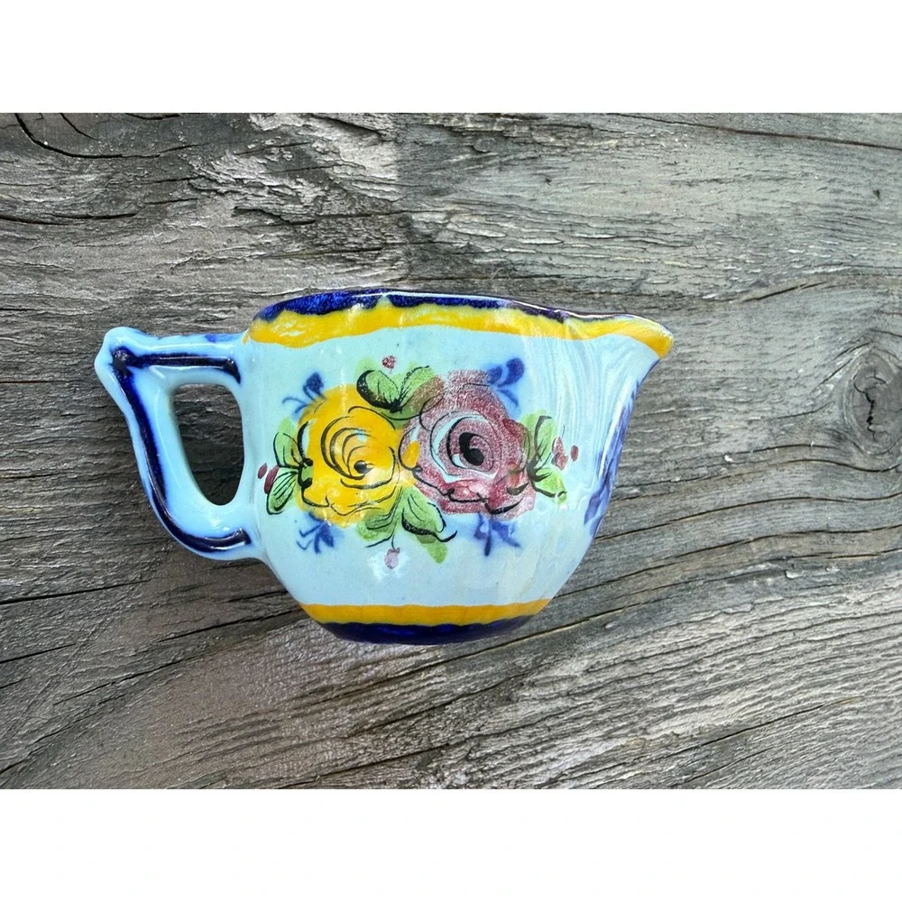 Vestal Alcobaca‎ Portugal Hand Painted Pottery Creamer Floral Blue Yellow 244